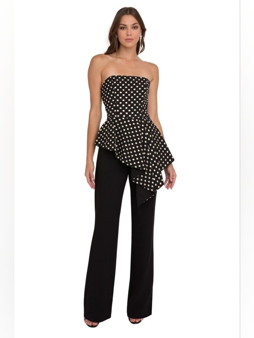 Black Halo Parma Jumpsuit Strapless Polka Dot Asymmetrical Peplum Size 2 Evening